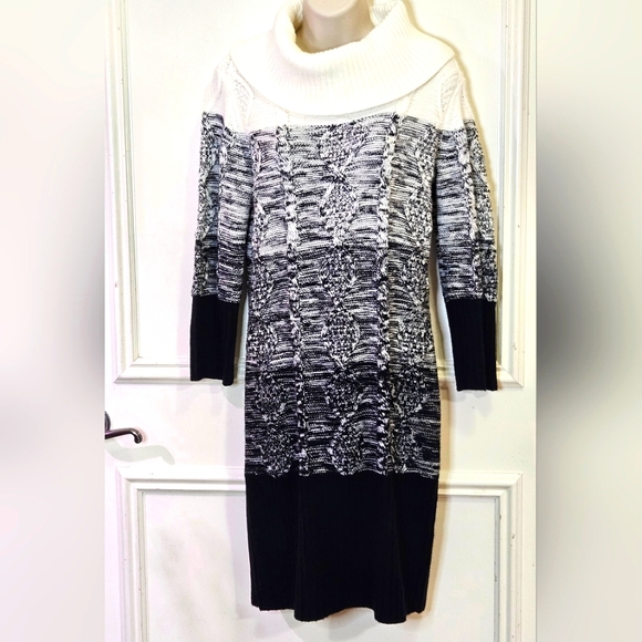 Studio One New York Black & White Cowl Neck Cable Knit Sweater Dress, Medium - Picture 2 of 16